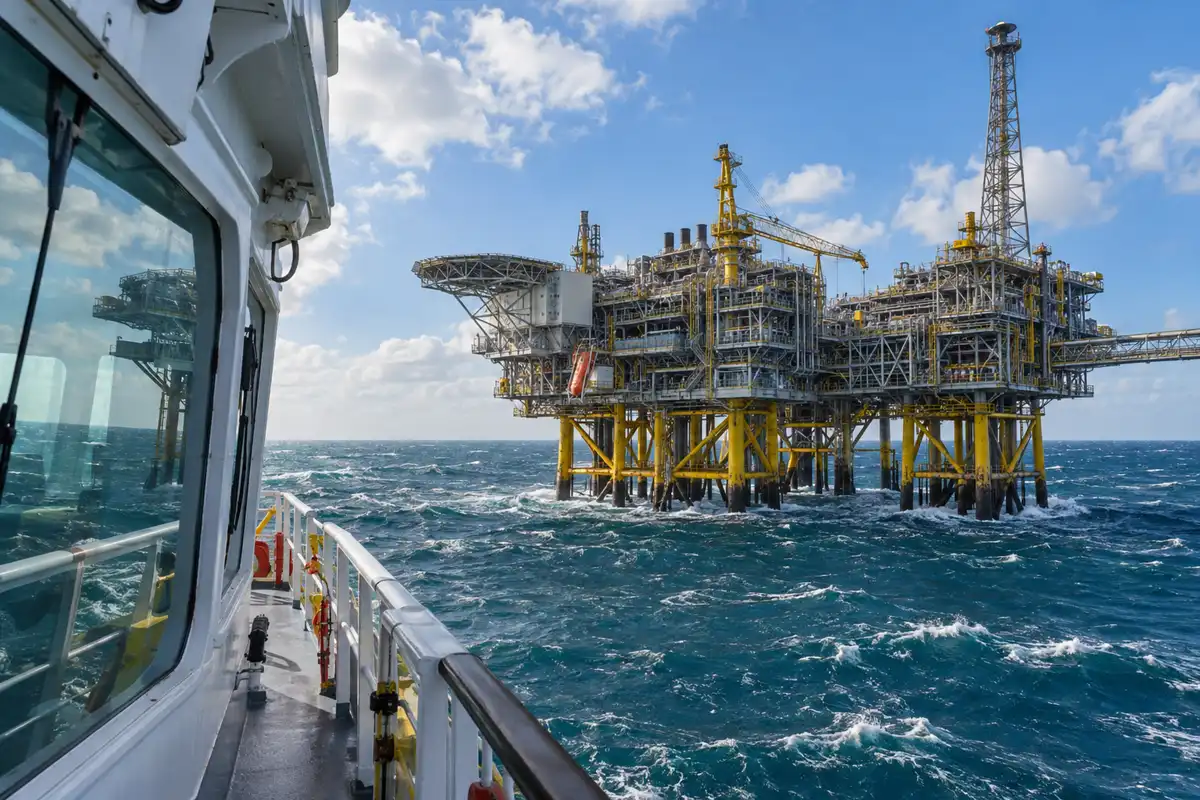 A North Sea production platform in daylight, seen from a supply vessel