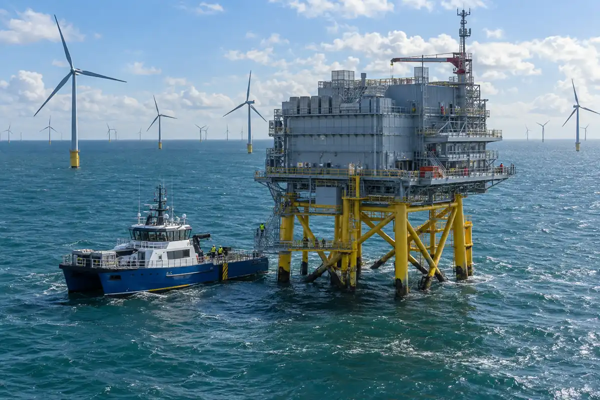 An offshore substation on yellow jacket legs with a service vessel alongside, wind turbines on the horizon