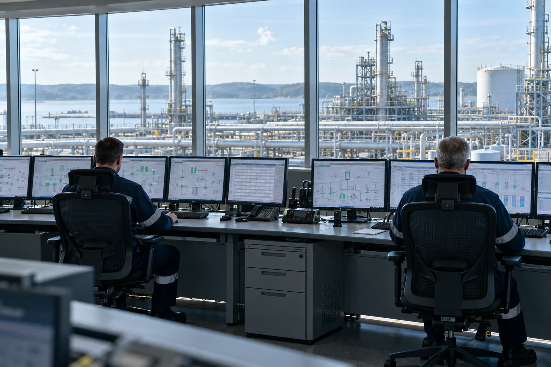 A gas terminal control room in daylight, operators at a bank of screens