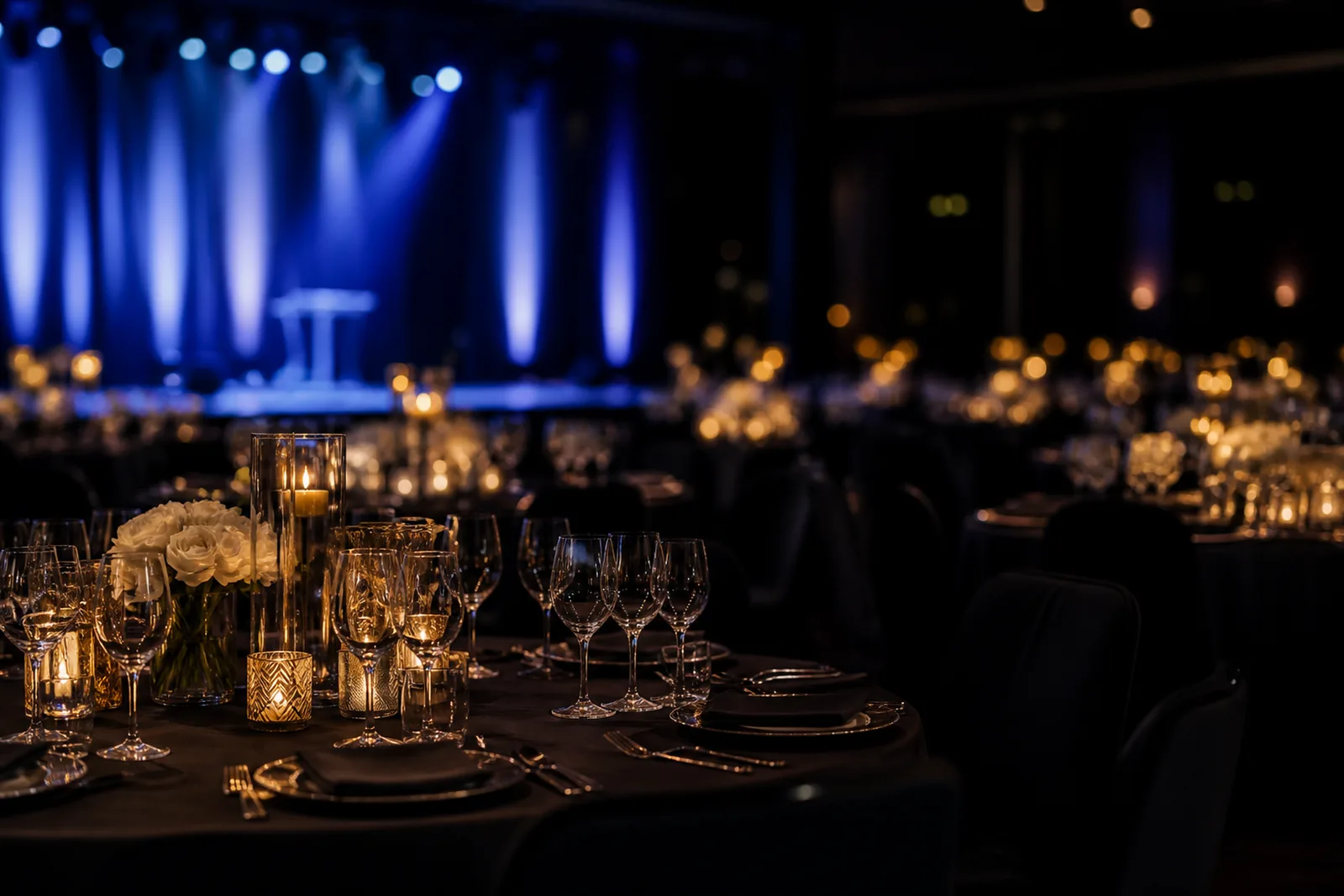 Awards evening at an event venue: candle-lit tables set with glassware before a stage washed in blue light.