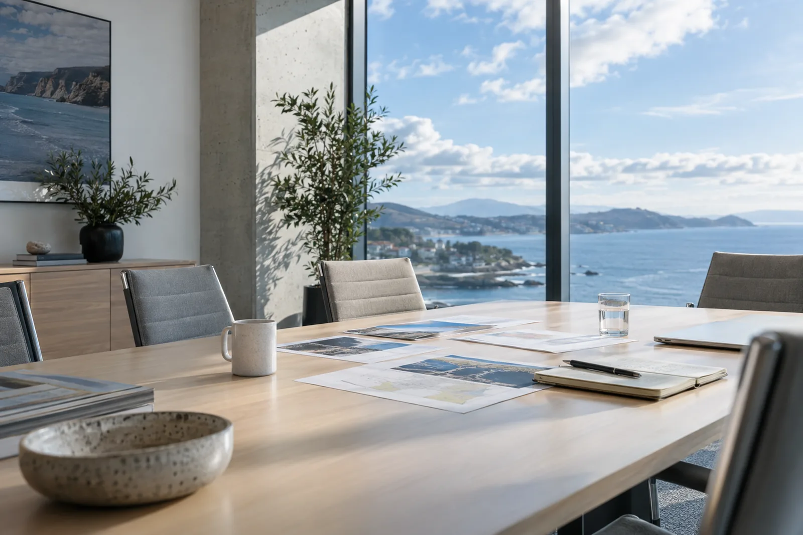 Bright meeting room with papers on the table and a coastal sky outside.