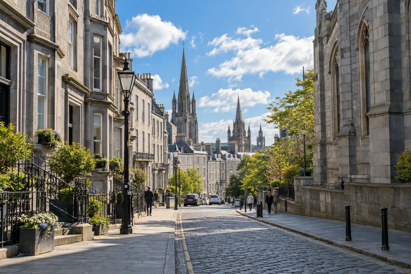 Granite city street in Aberdeen in morning sunshine, spires in the distance.