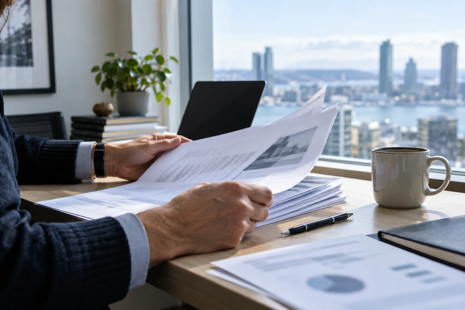 Hands reviewing a stack of printed documents at a desk by a tall, bright window.