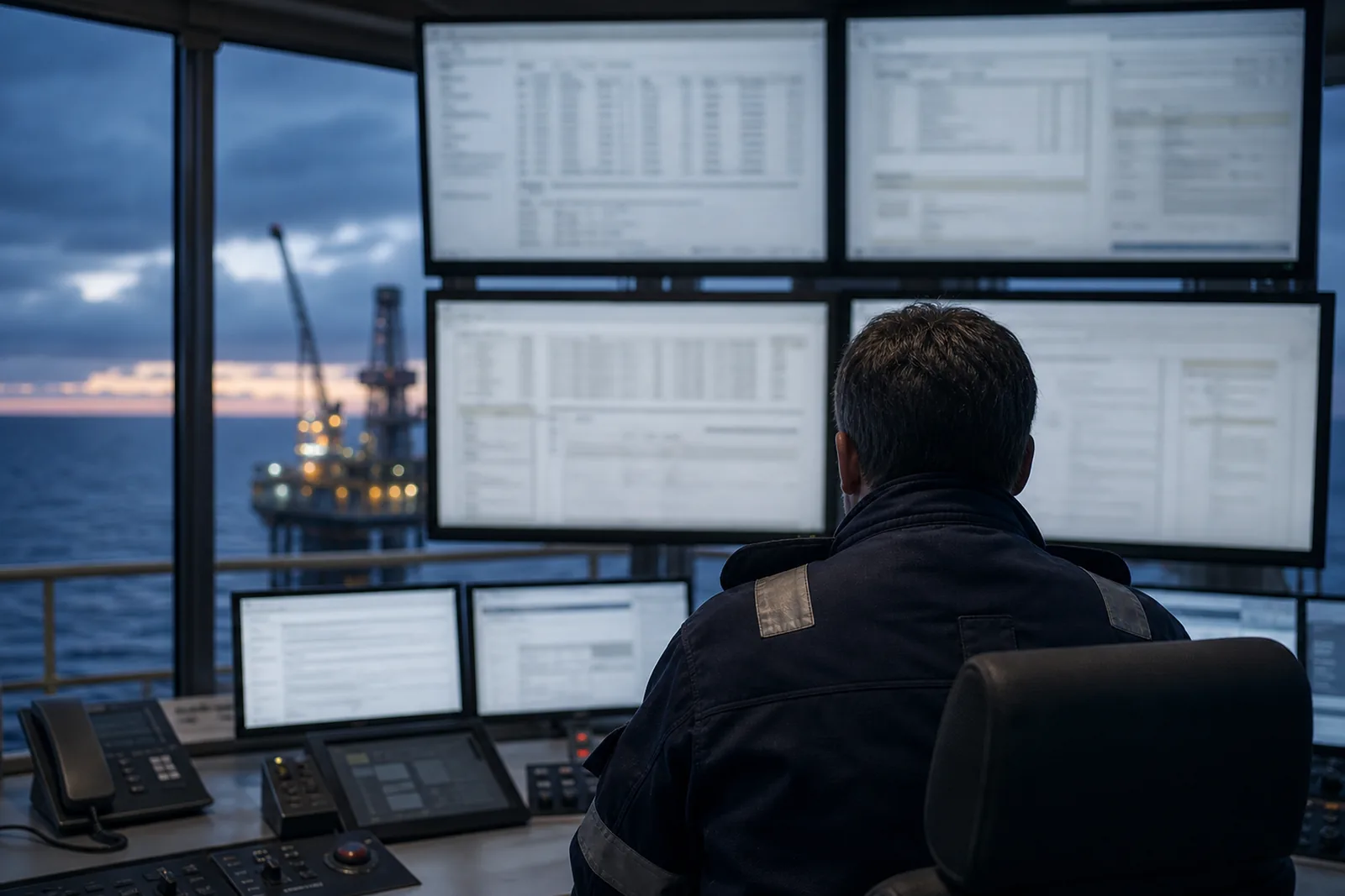 Operator reviewing a wall of screens in an offshore control room at dusk.