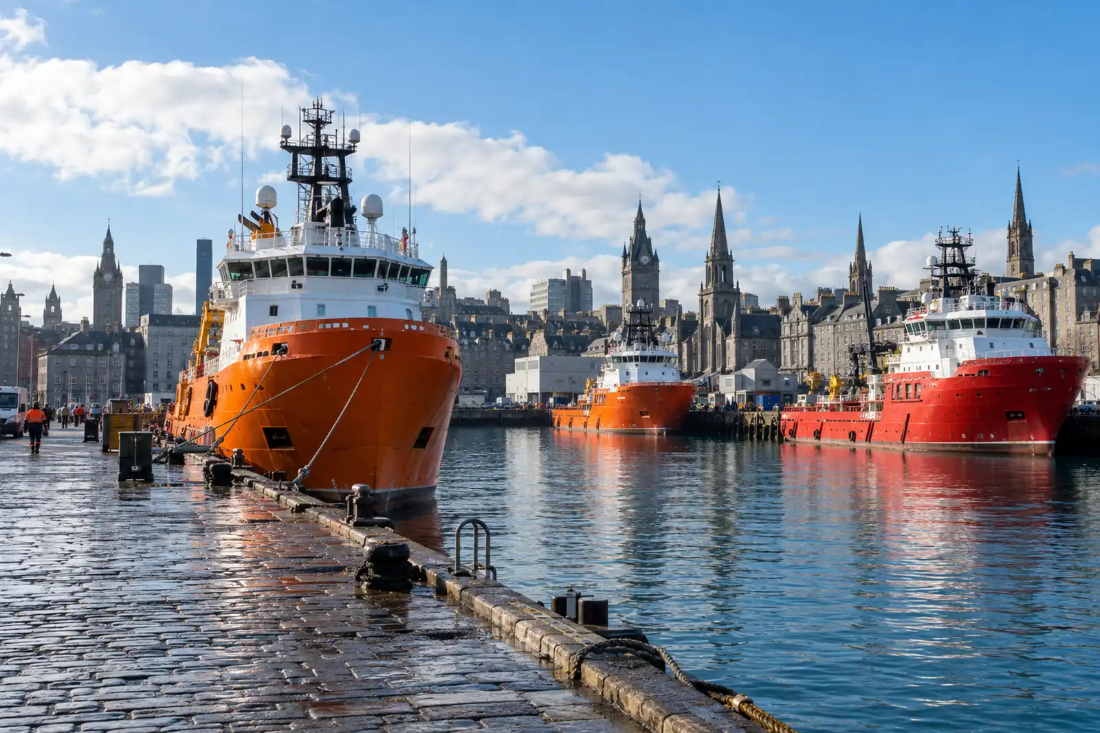 Offshore supply vessels moored at Aberdeen harbour on a bright morning, granite tenements and spires behind them