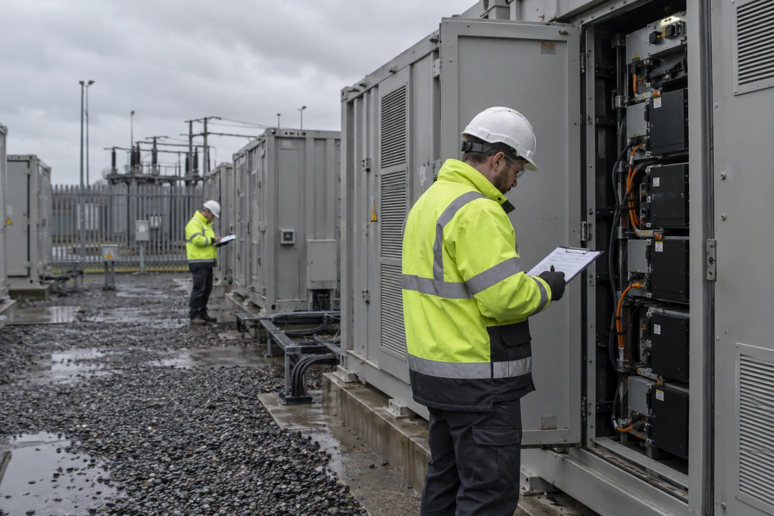 An engineer in a hi-vis jacket checks an inspection sheet against the racks inside an open battery storage container, a colleague writing on his own sheet further down the row