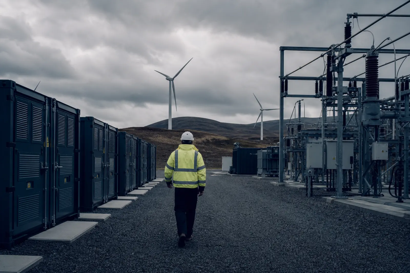 An engineer walking between battery storage containers and a substation, wind turbines on the hills behind