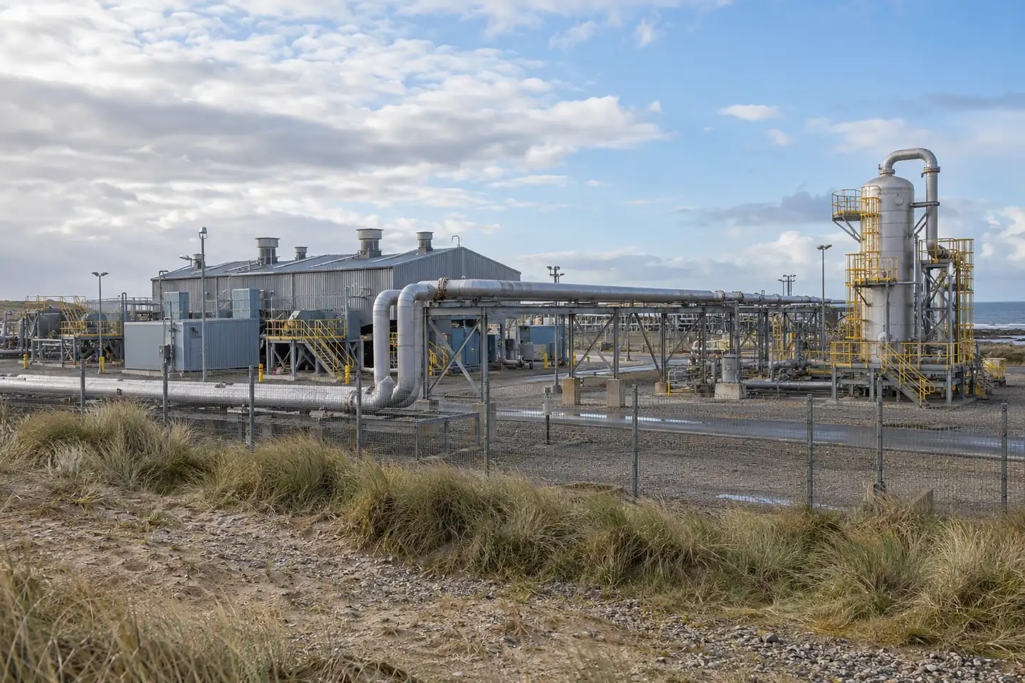 A coastal gas processing site seen from the dunes behind its fence