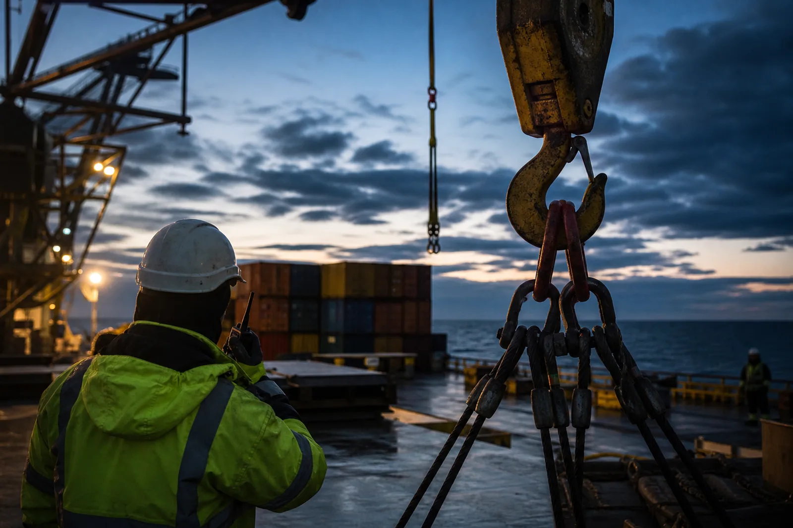 A banksman with a radio beside a crane hook and rigging on an offshore deck at dusk