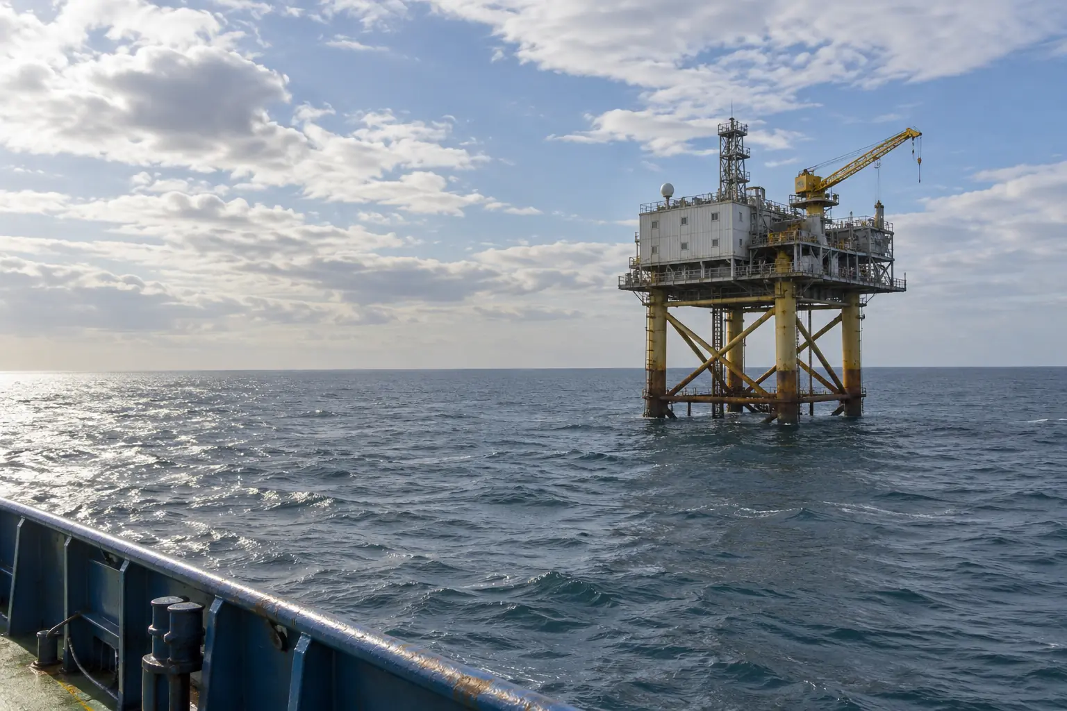 A North Sea production platform seen from the deck of a supply vessel