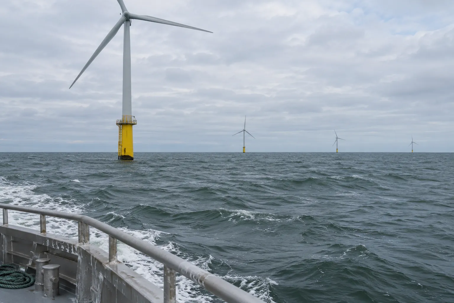 An offshore wind farm seen from the deck rail of a crew transfer vessel, one turbine close and three more in the distance