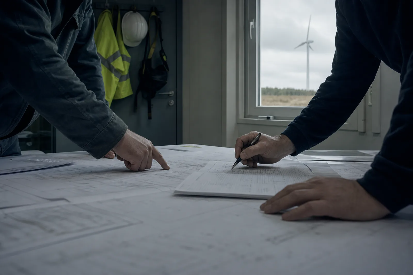 Two engineers marking up printed drawings on a plan table in a site office
