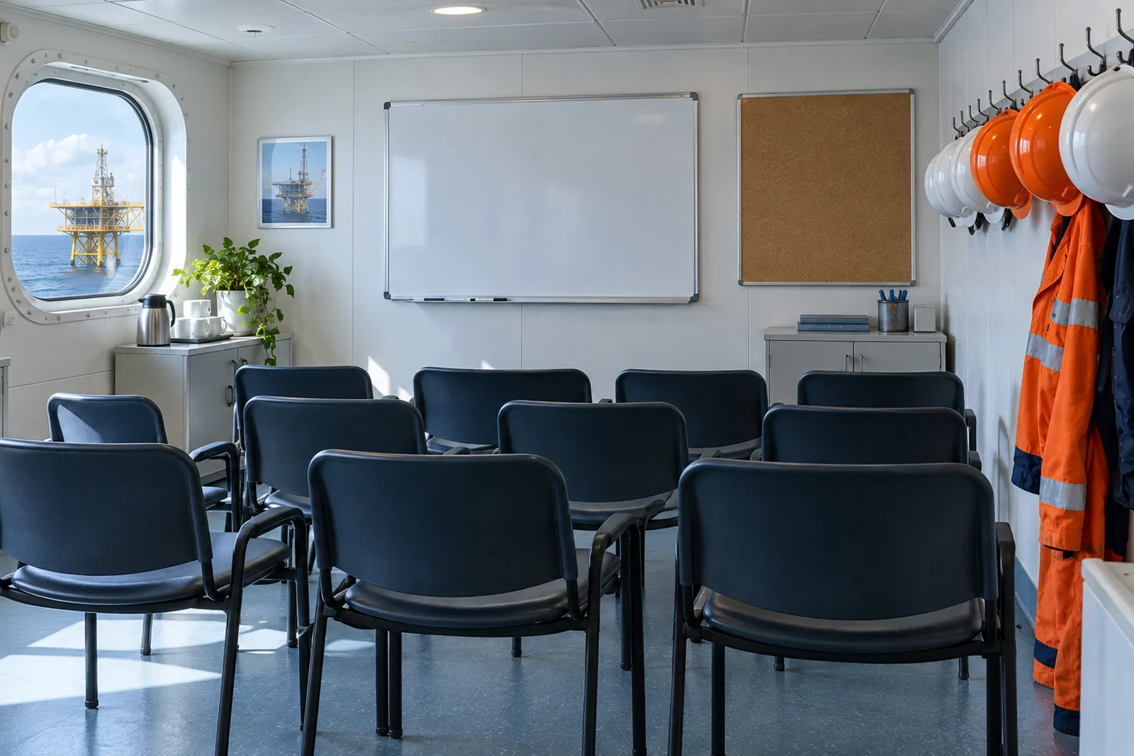 An empty offshore platform briefing room: rows of chairs, hard hats on hooks, a wiped whiteboard