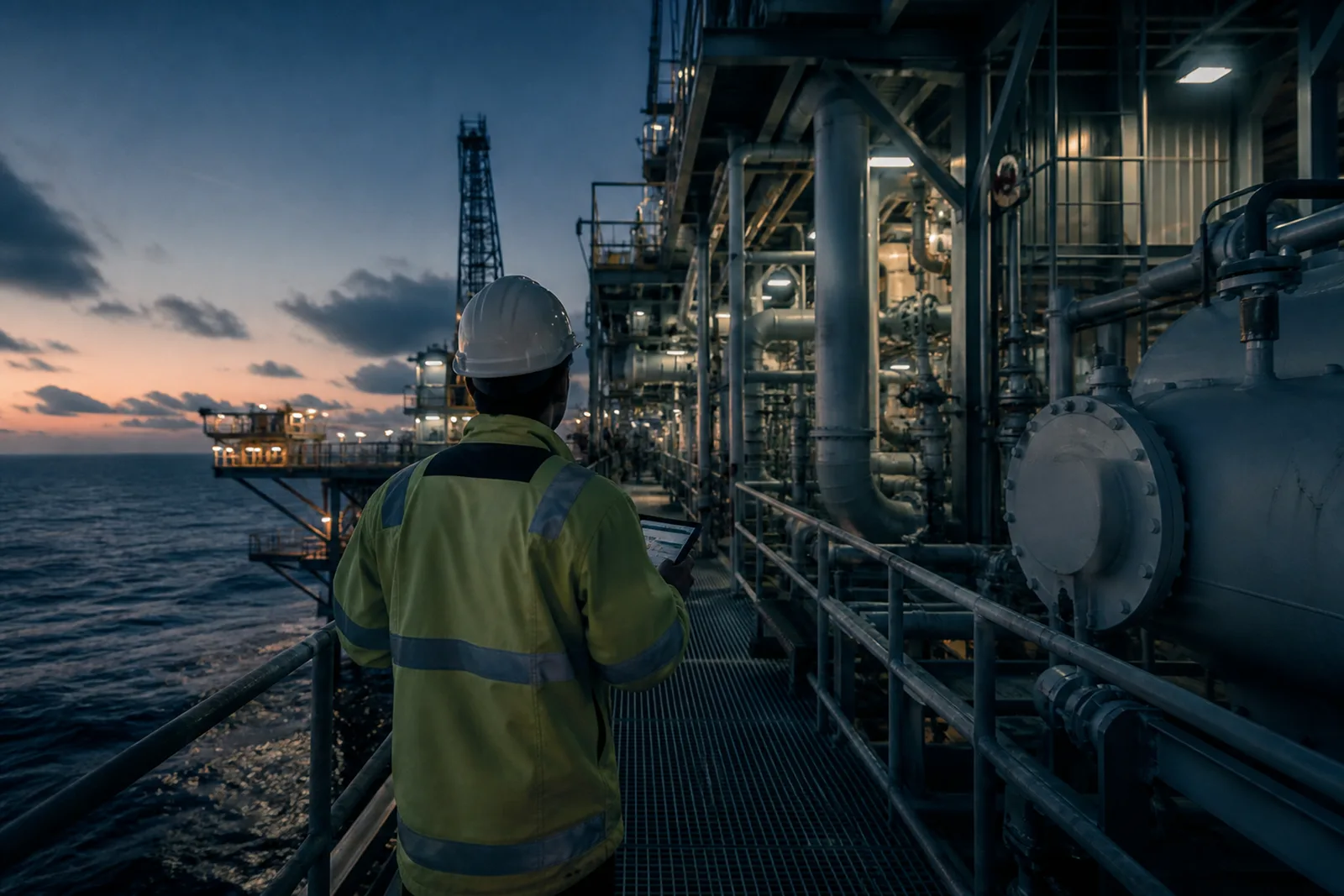 An engineer in hi-vis on a platform walkway at dusk, tablet in hand, process pipework beyond