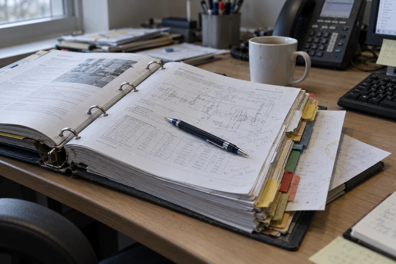 A well-used procedures manual open on an engineer's desk, dog-eared coloured tabs along its edge and a pen across a marked-up page