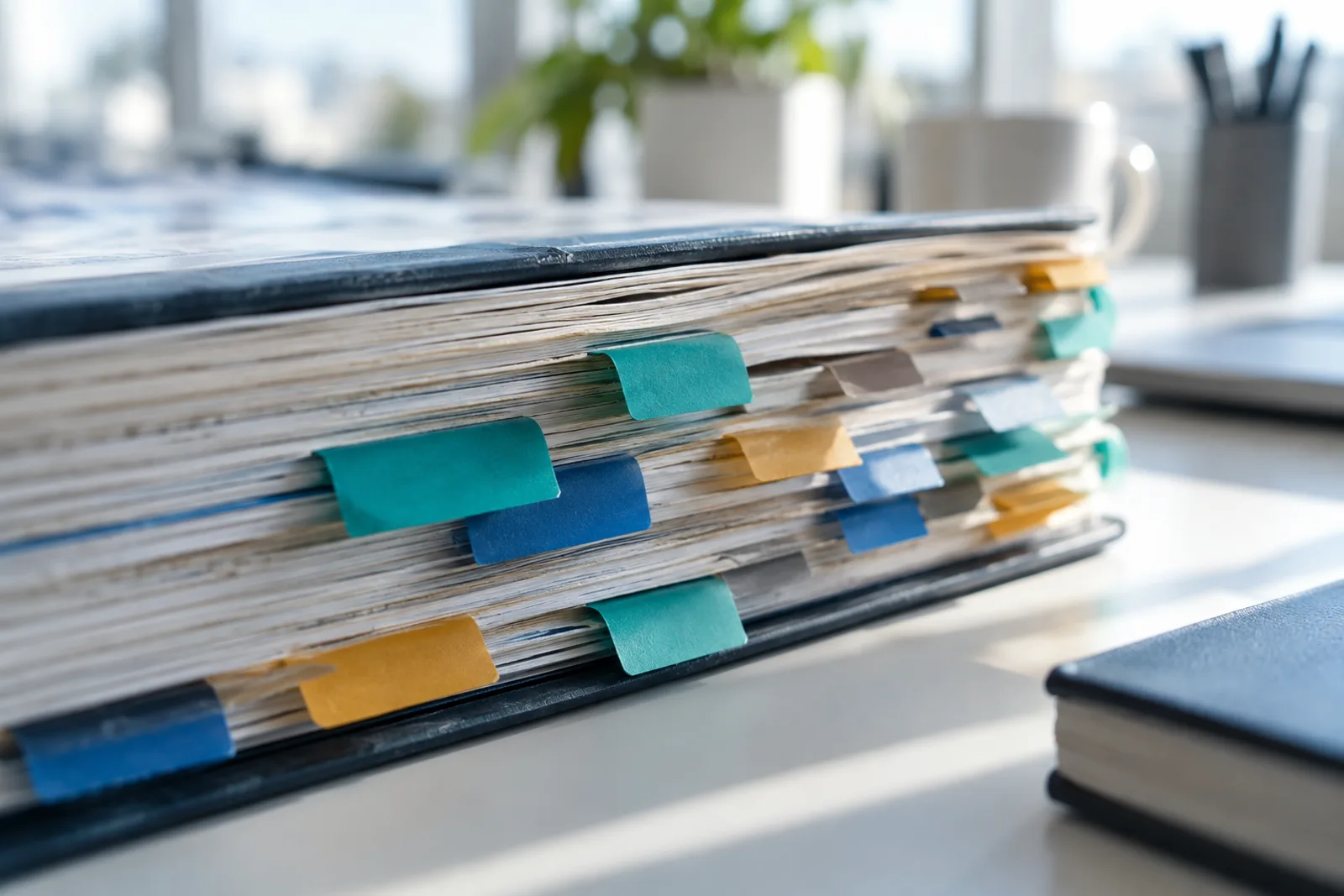 The tabbed fore-edge of a well-used procedures manual, dozens of coloured index tabs