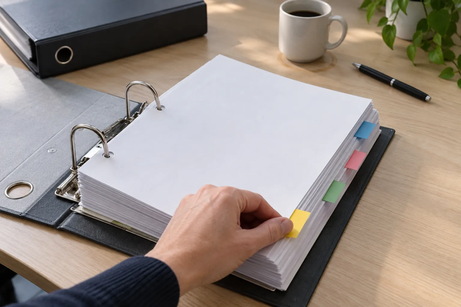 A hand adding a coloured index tab to a thick binder of source documents
